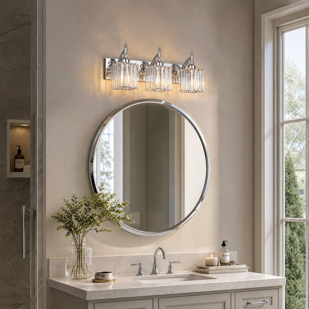 Transitional Luxury Square Prism Fluted Crystal Bathroom Vanity Light