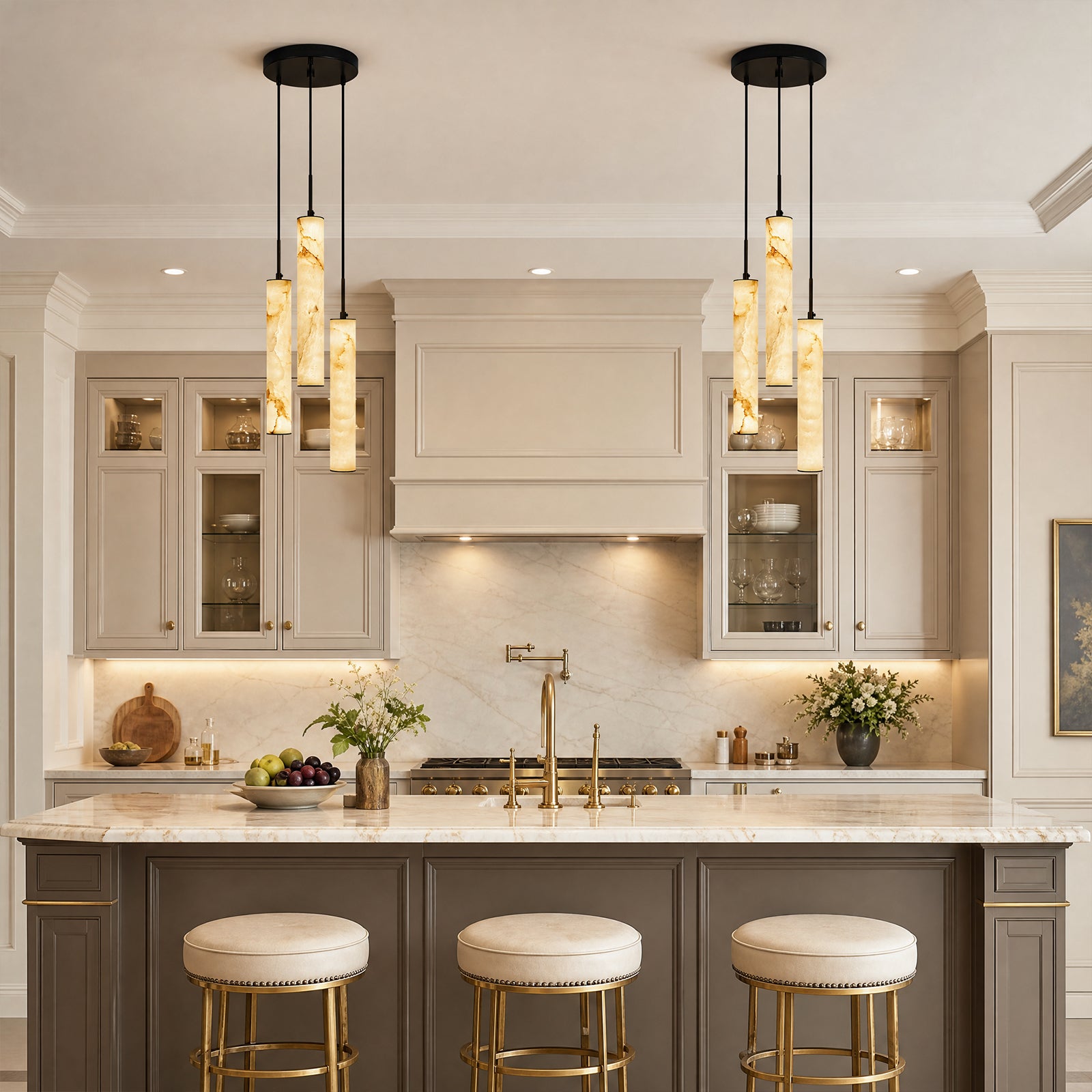 Natural Alabaster Marble Long Tube LED Pendant Light