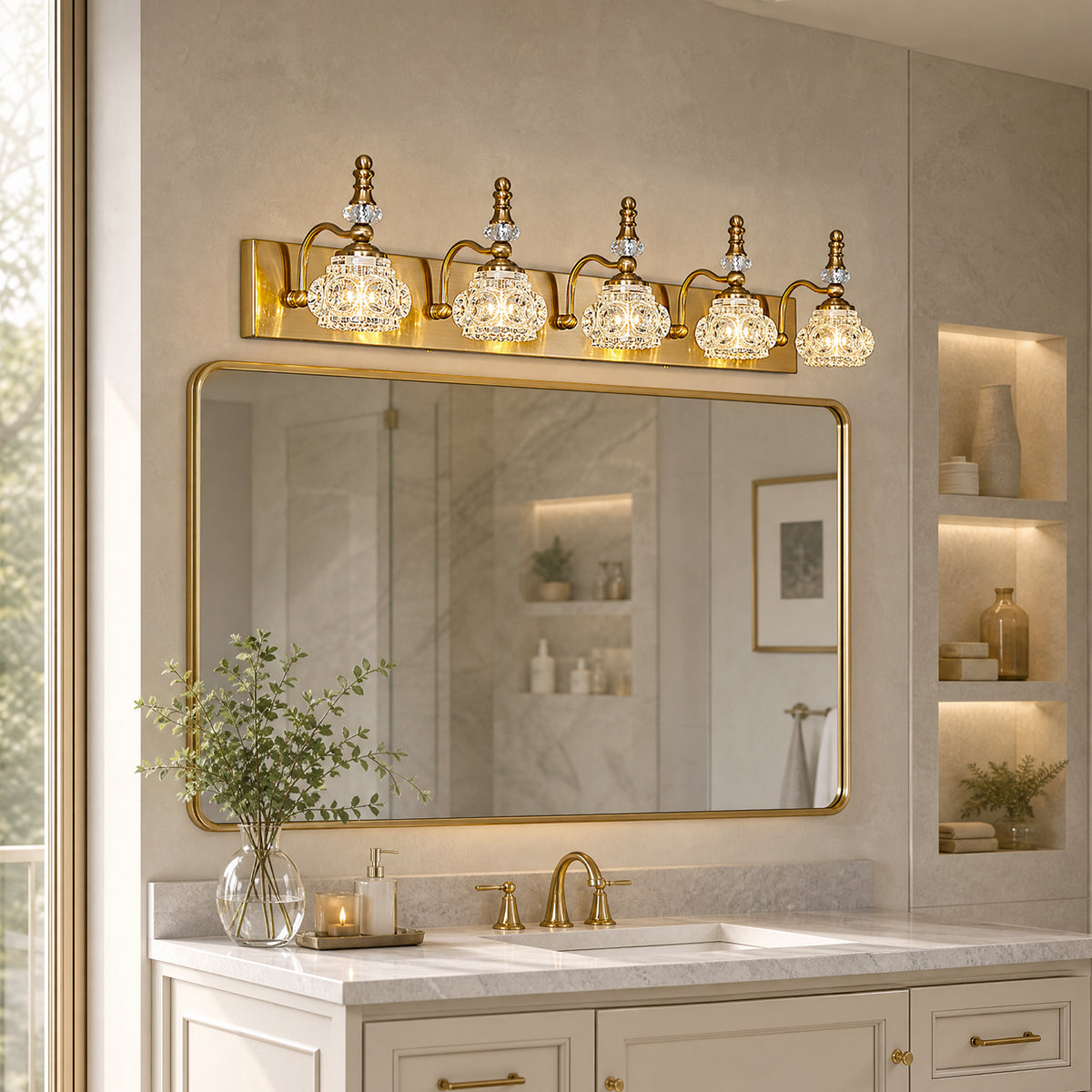 Vintage Embossed Textured Glass Curved Metal Arm Bathroom Vanity Light