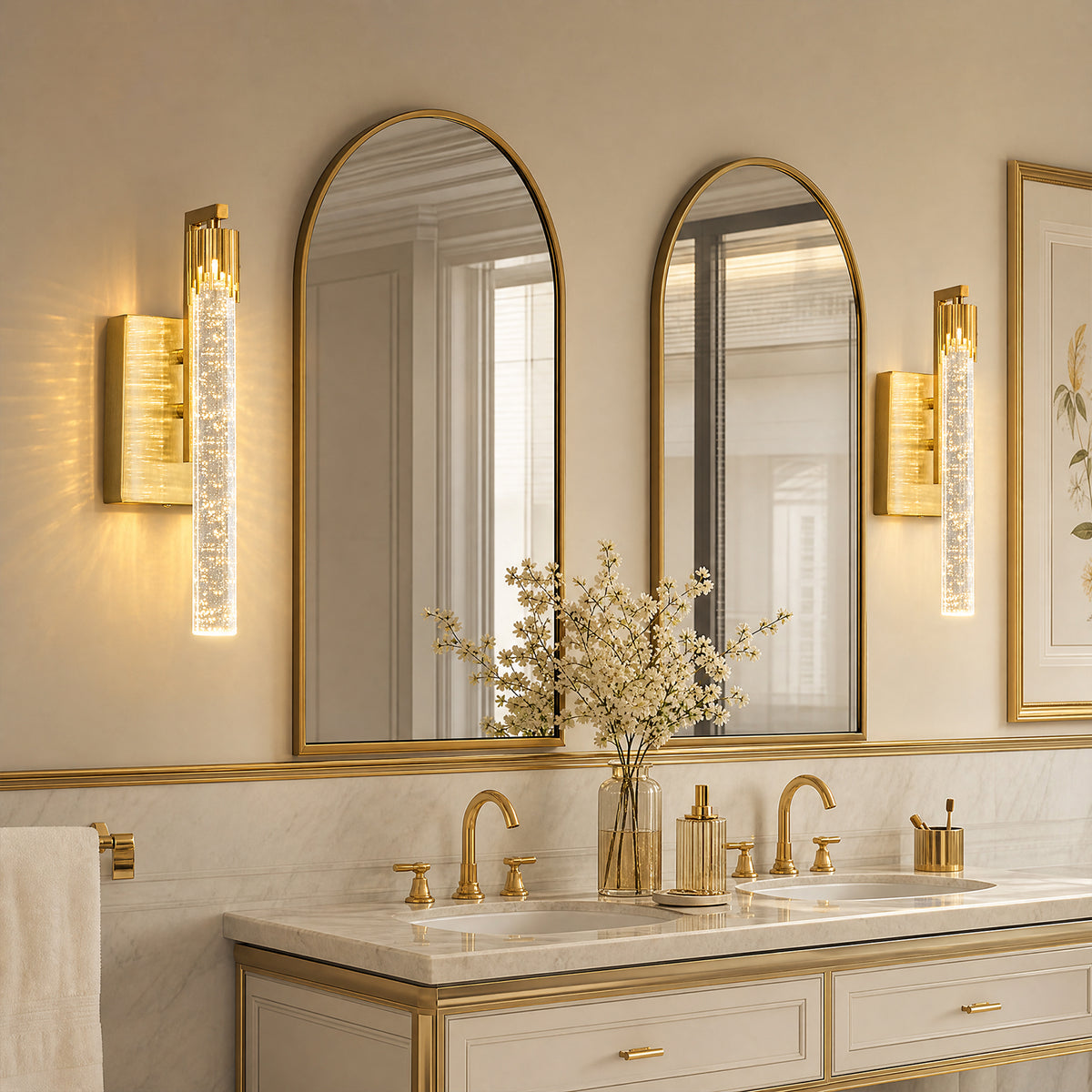 Luxury Long Tube Seeded Bubble Glass Gold Wall Sconce Set of Two