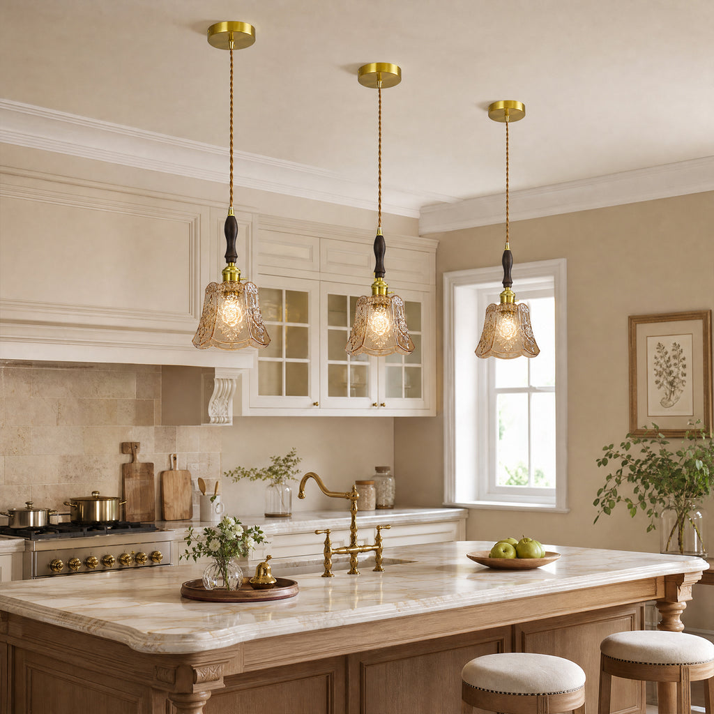 French Country Embossed Rose Floral Glass Pendant Light