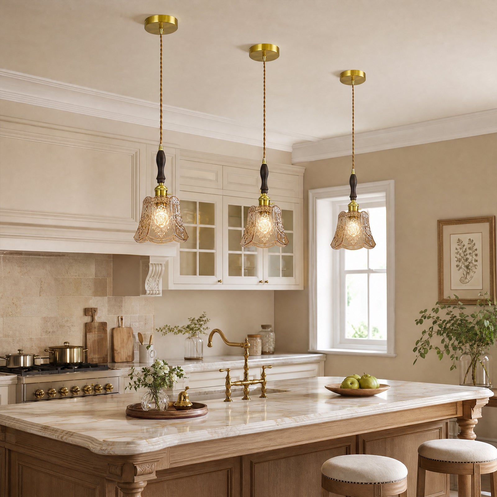 French Country Embossed Rose Floral Glass Pendant Light