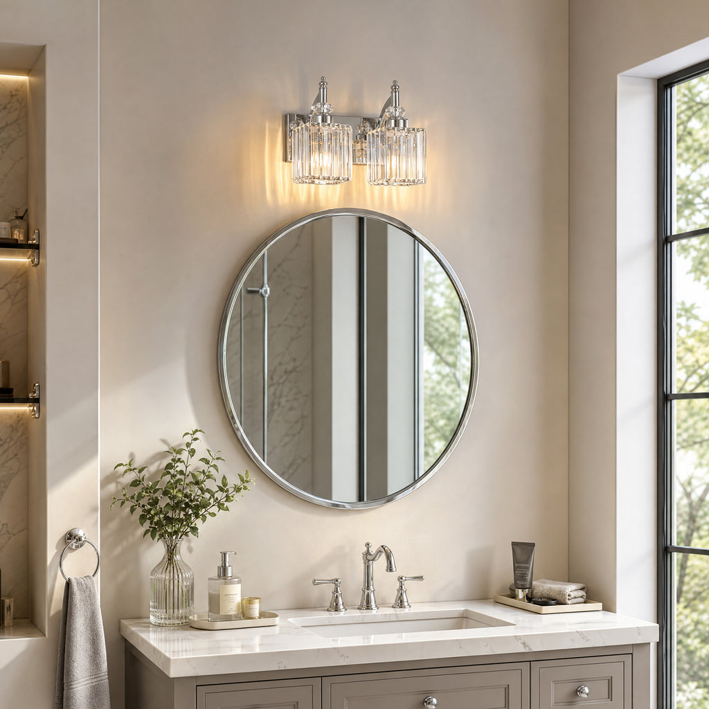 Transitional Luxury Square Prism Fluted Crystal Bathroom Vanity Light