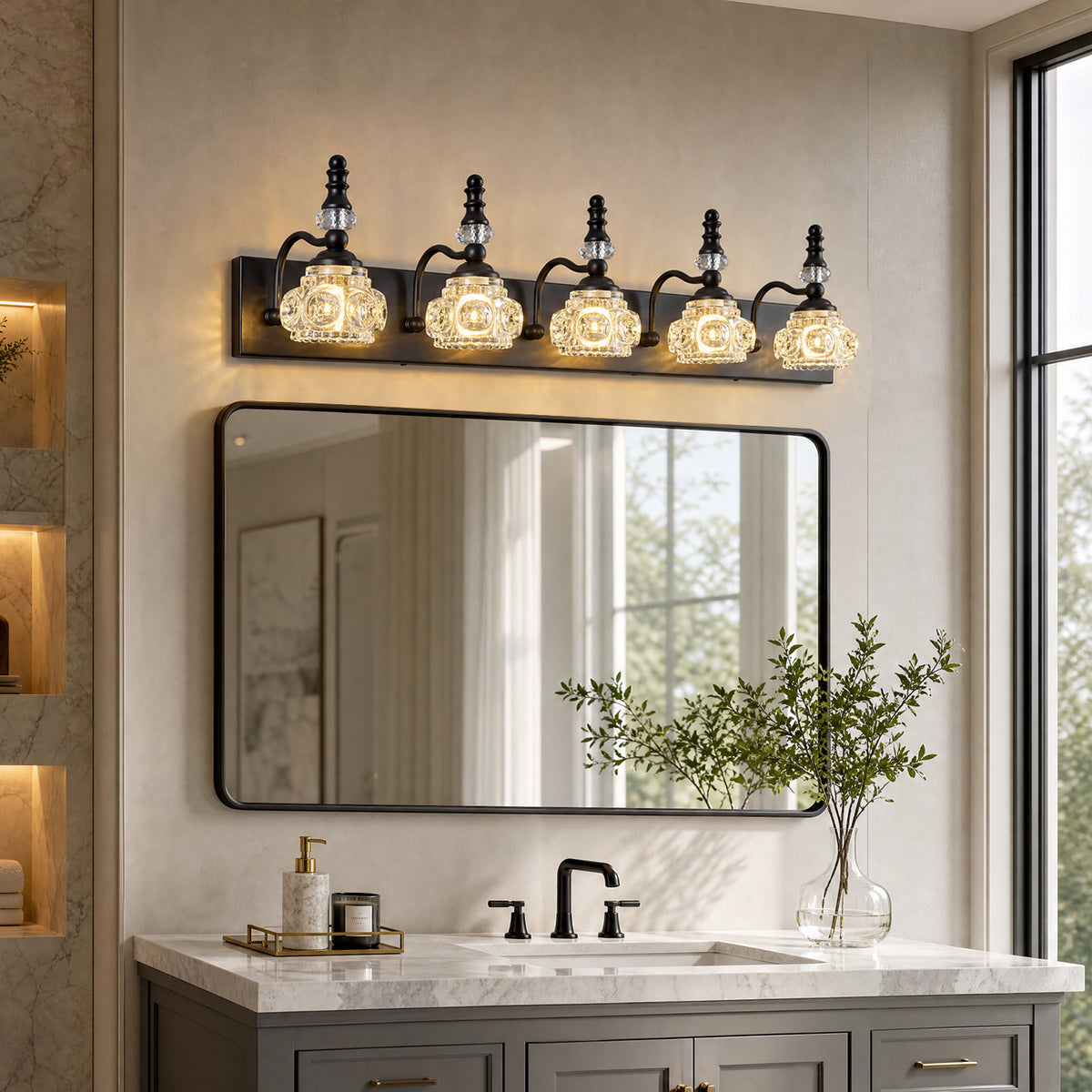Vintage Embossed Textured Glass Curved Metal Arm Bathroom Vanity Light