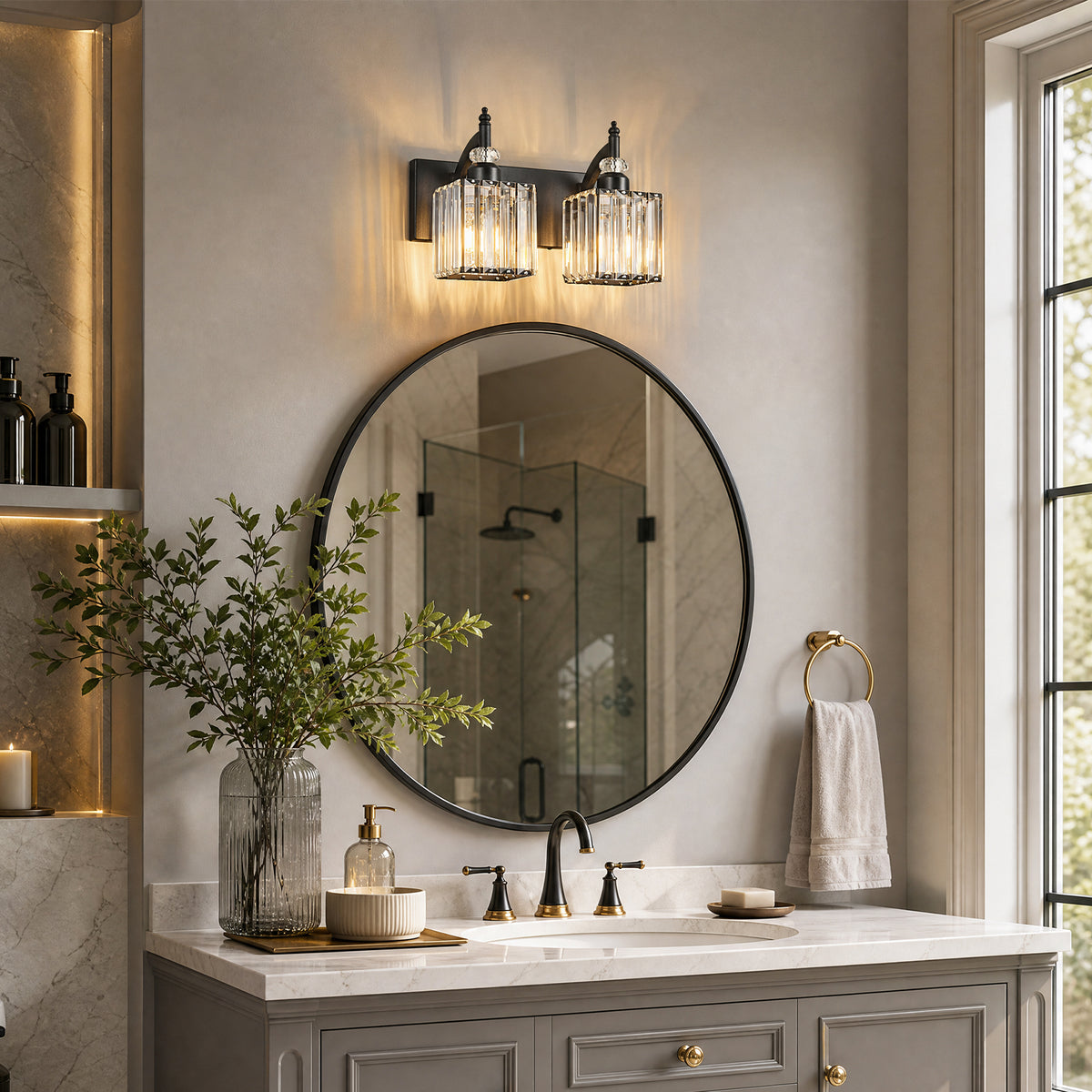 Transitional Luxury Square Prism Fluted Crystal Bathroom Vanity Light