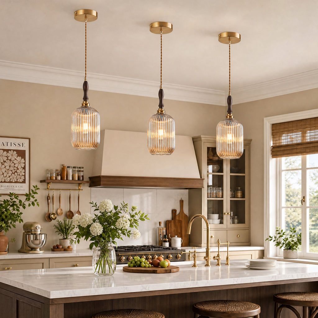 Retro Vertical Fluted Glass Hanging Pendant Light with Wood and Brass Details