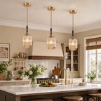 Retro Vertical Fluted Glass Hanging Pendant Light with Wood and Brass Details