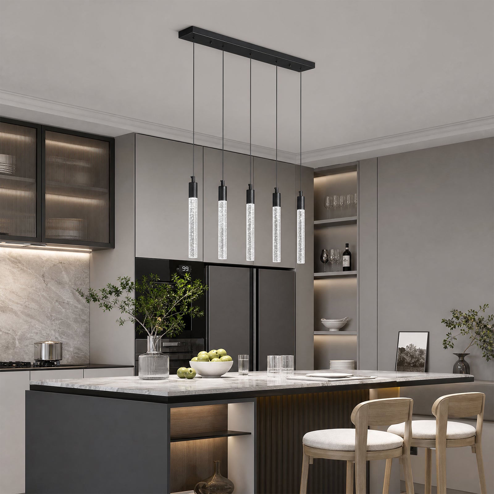 Modern Cylinder Bubble Linear Hanging Crystal LED Pendant Light