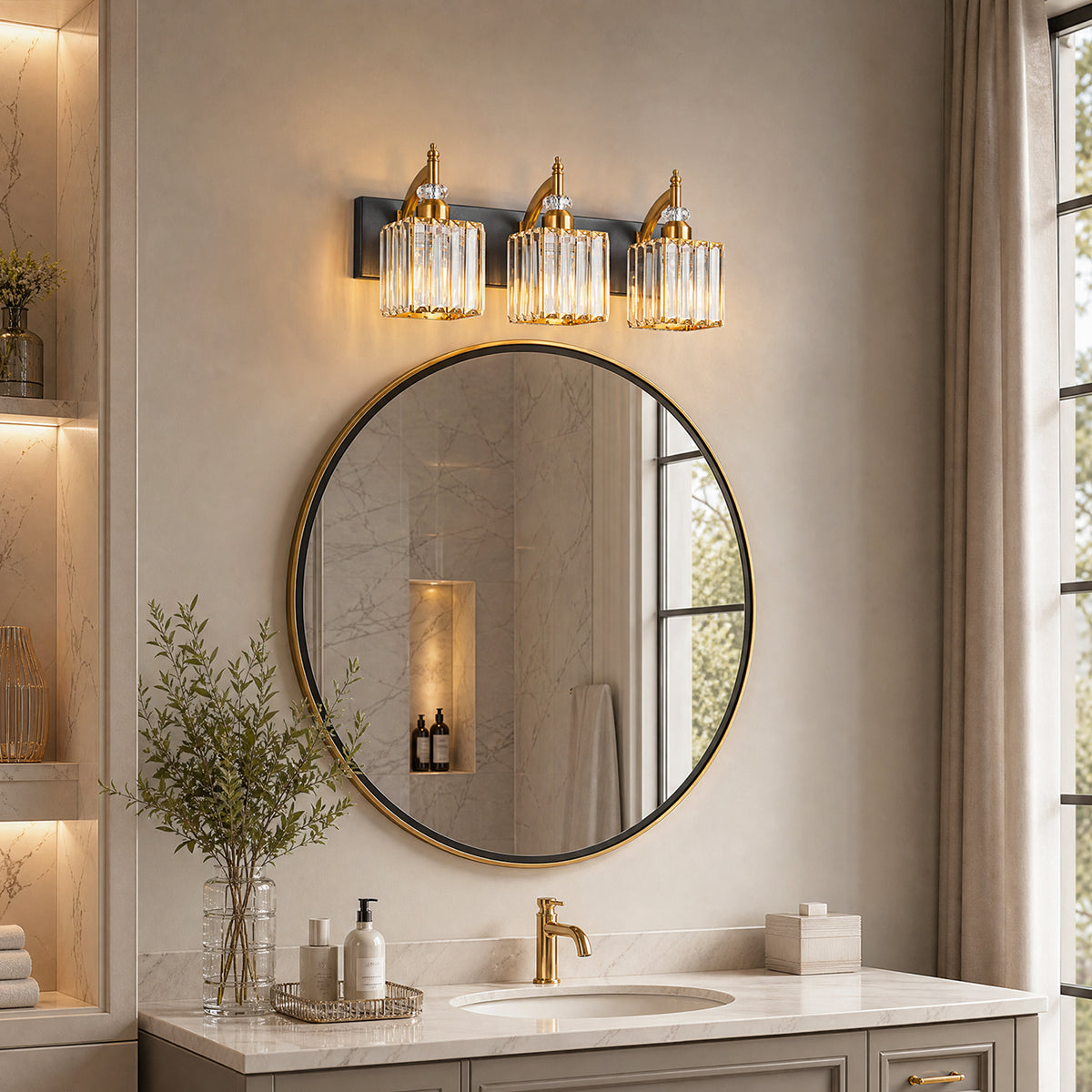 Transitional Luxury Square Prism Fluted Crystal Bathroom Vanity Light