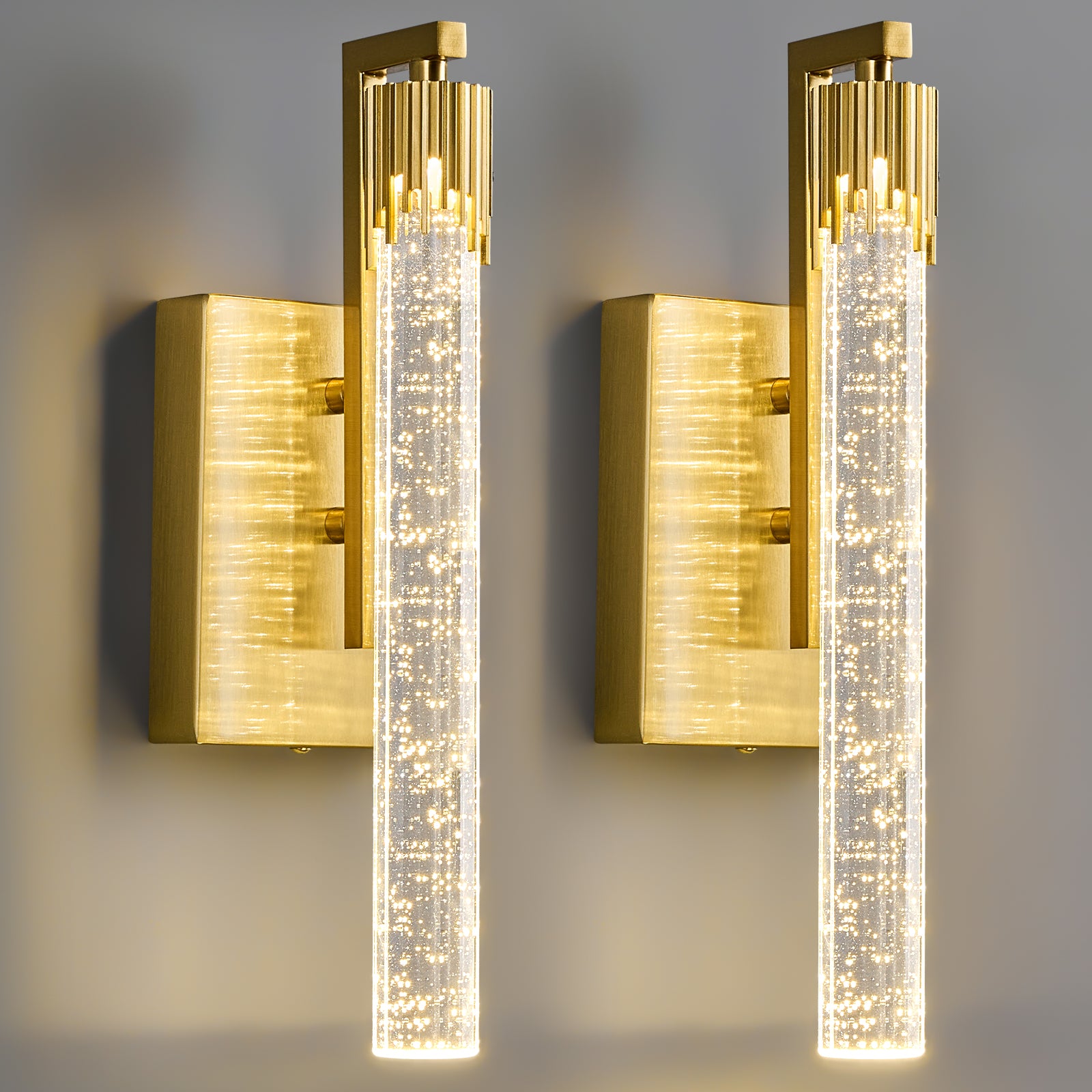Luxury Long Tube Seeded Bubble Glass Gold Wall Sconce Set of Two