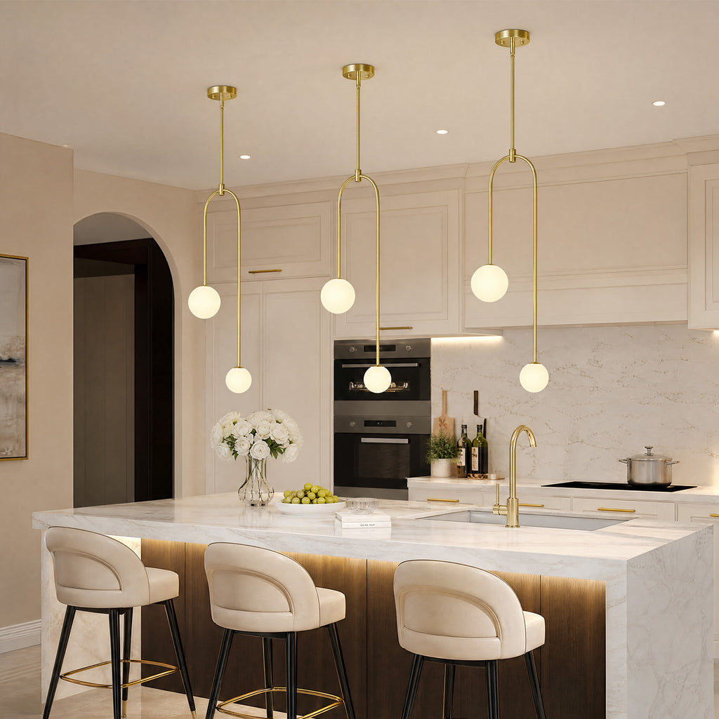 Minimalist U-Shaped Two Milky White Globe Glass Chandelier