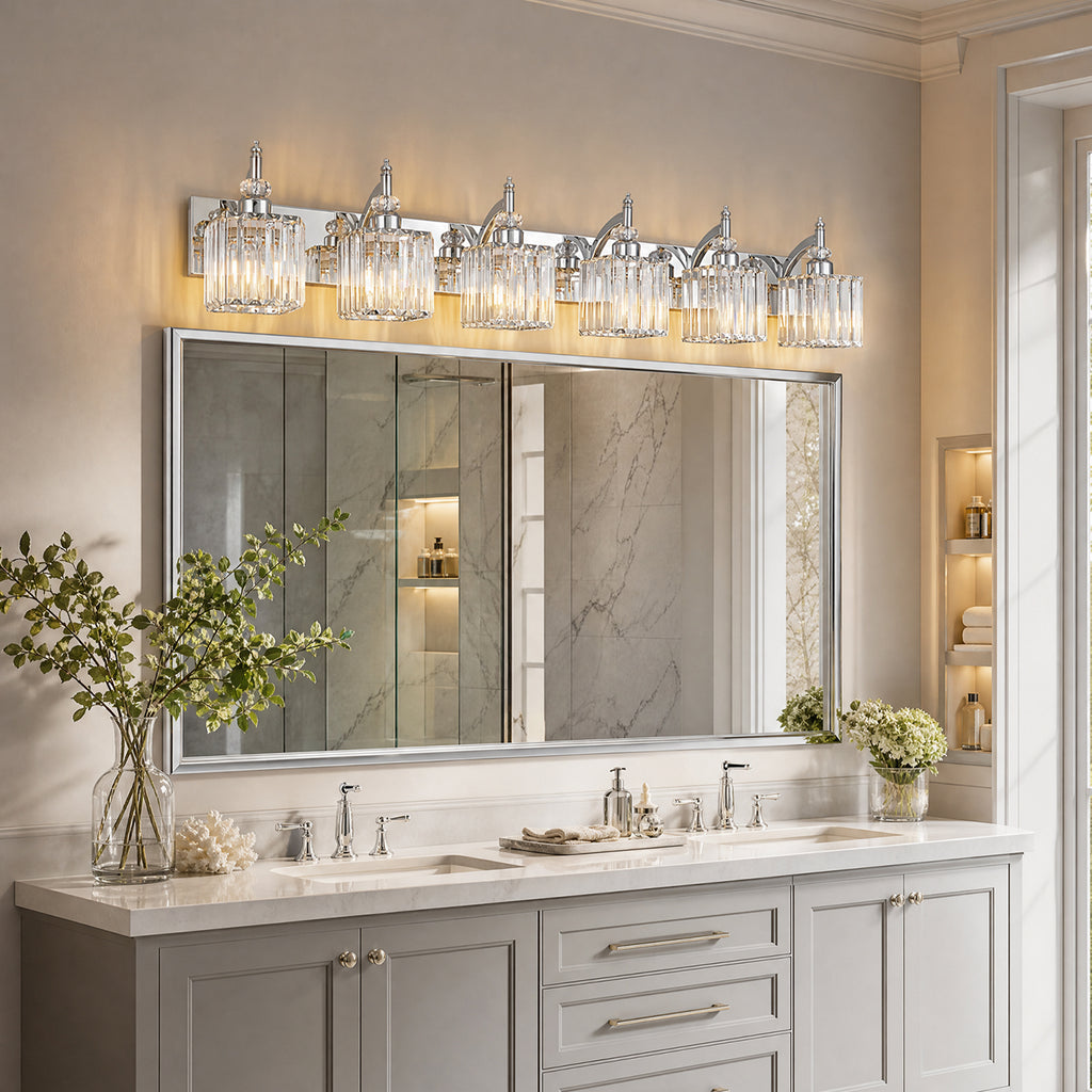 Transitional Luxury Square Prism Fluted Crystal Bathroom Vanity Light