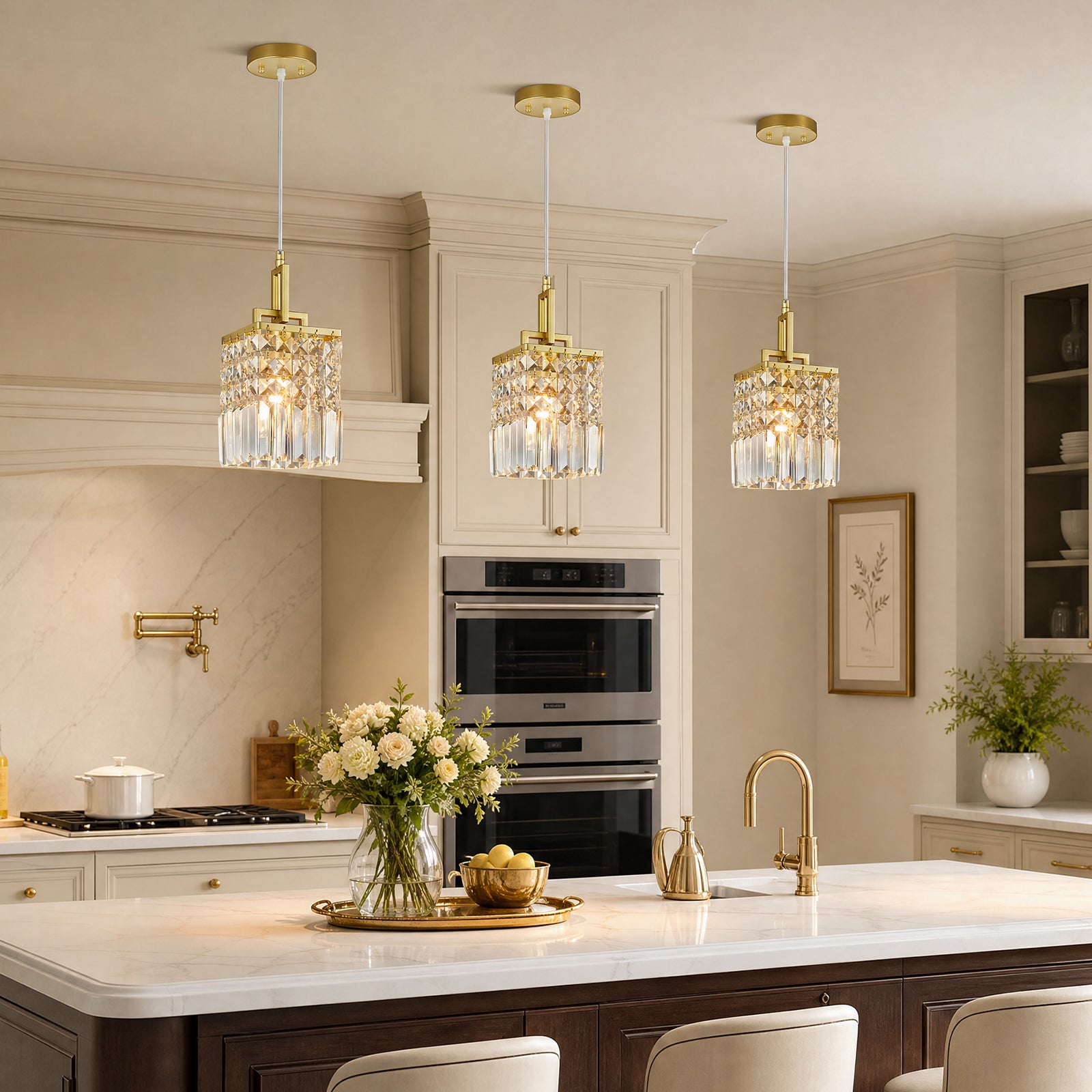 Contemporary Cylinder Prism Square Frame Crystal Pendant Light