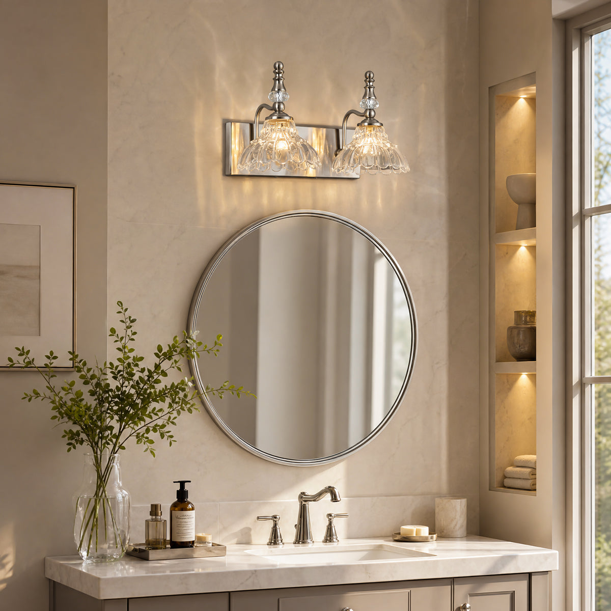 Vintage Clear Flower Glass Shade  Bathroom Vanity