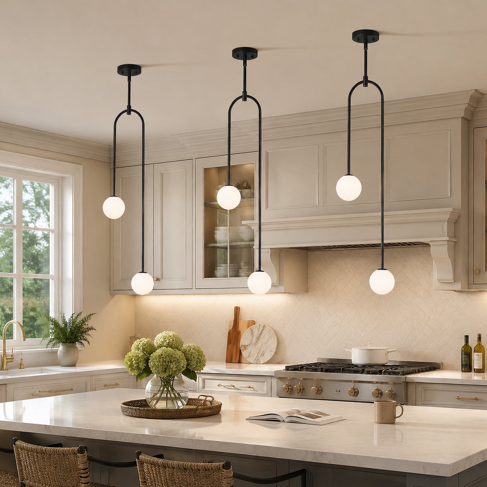 Minimalist U-Shaped Two Milky White Globe Glass Chandelier
