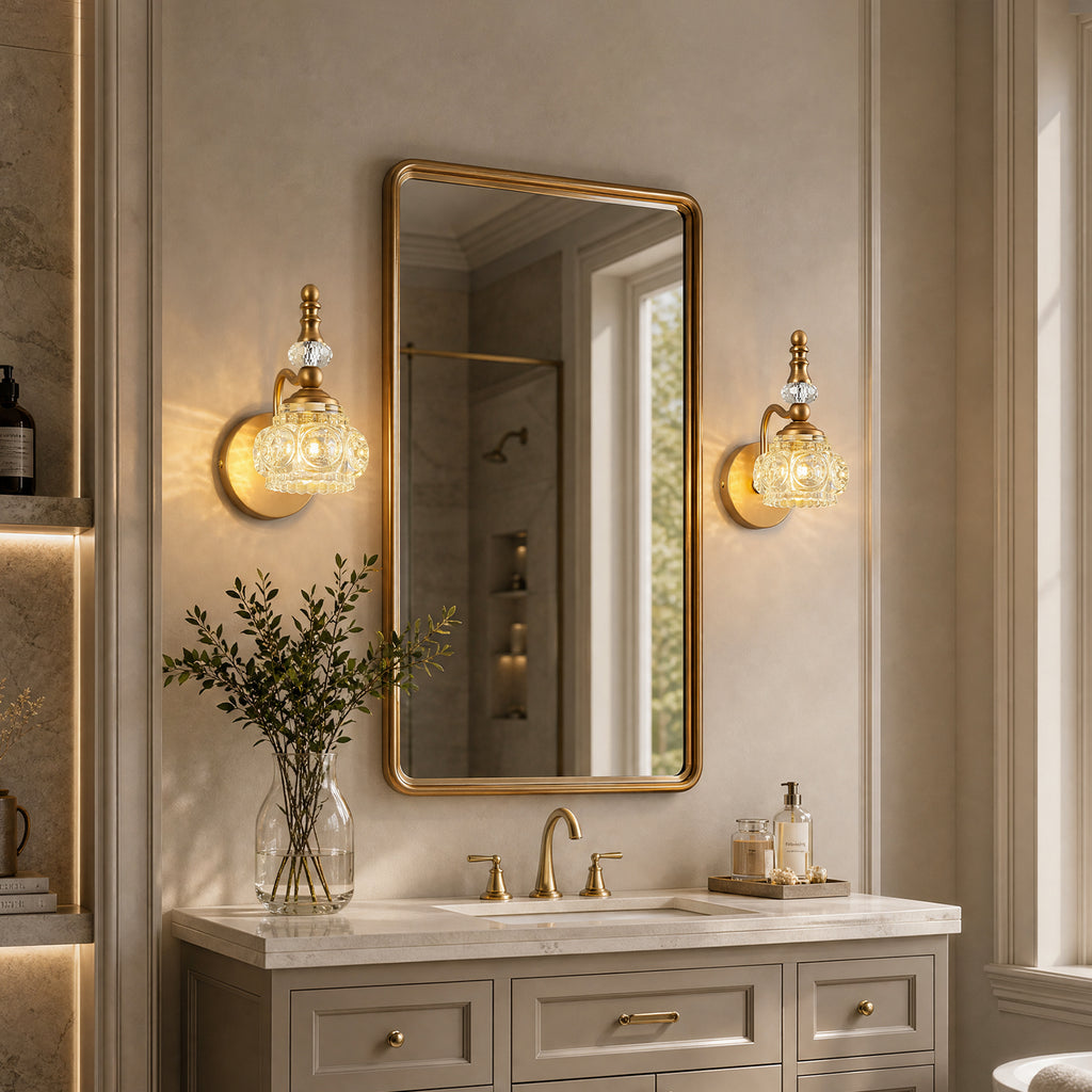 Vintage Embossed Textured Glass Curved Metal Arm Bathroom Vanity Light
