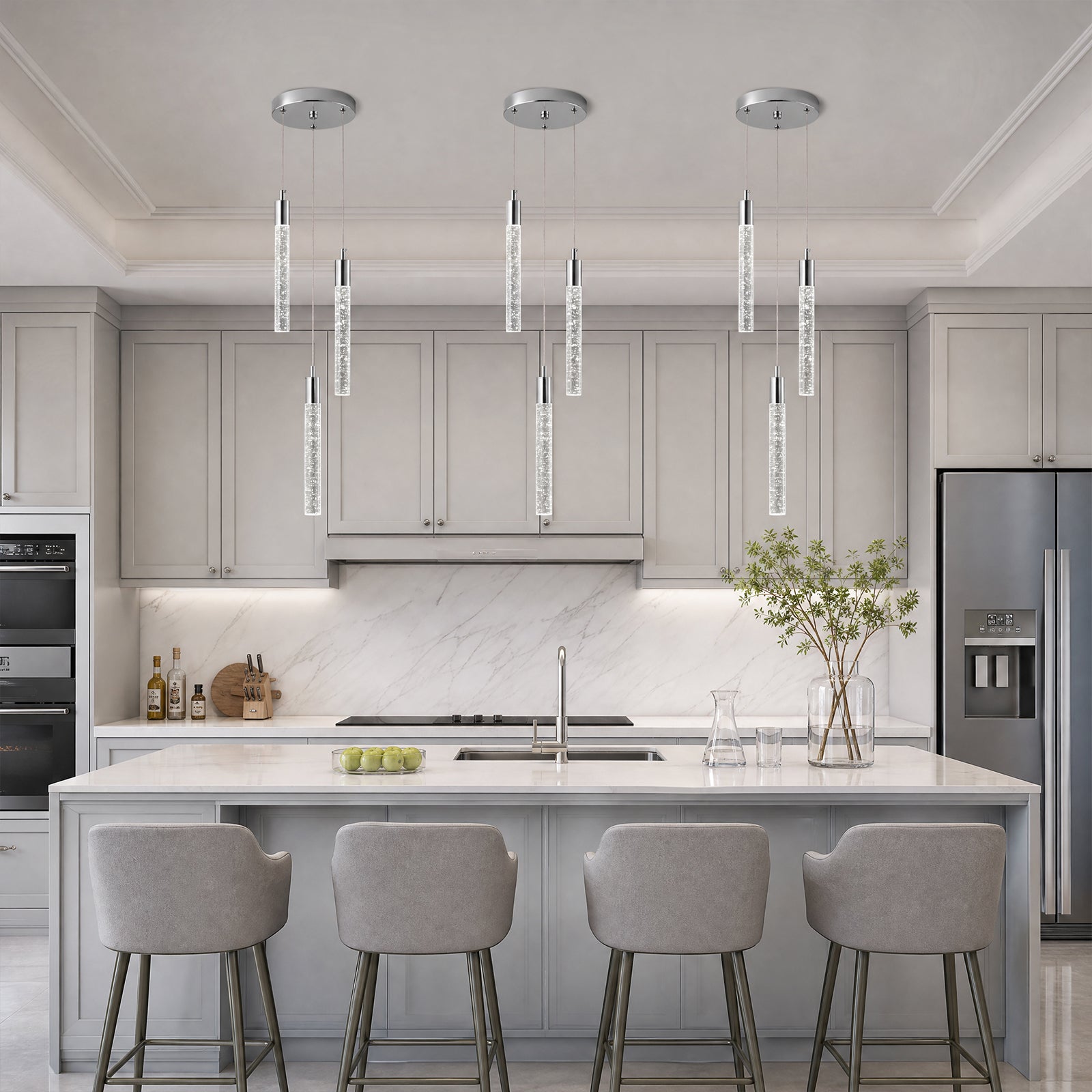 Modern Cylinder Bubble Linear Hanging Crystal LED Pendant Light