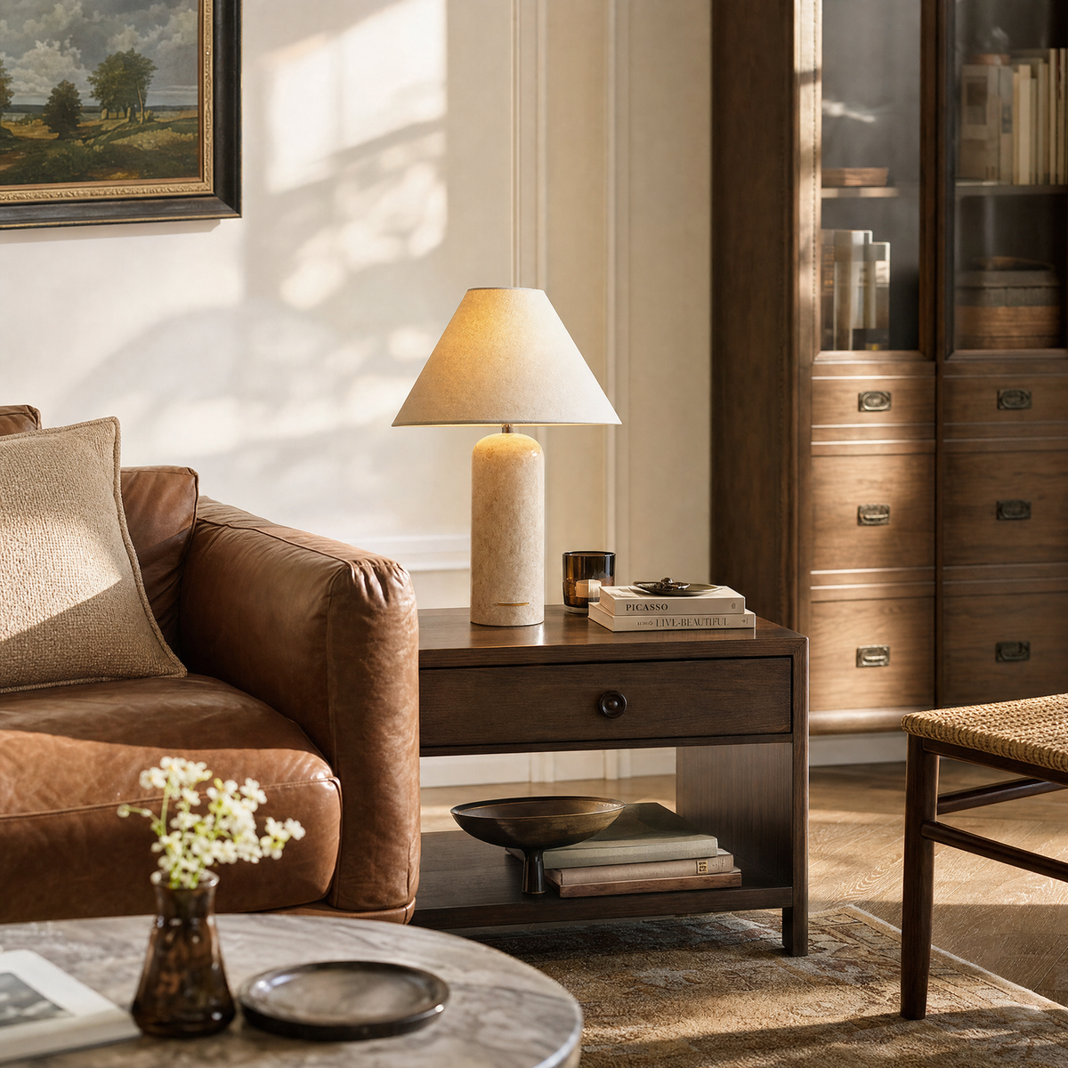 Modern Cylindrical Travertine Table Lamp