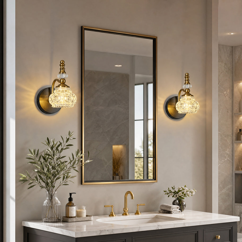 Vintage Embossed Textured Glass Curved Metal Arm Bathroom Vanity Light