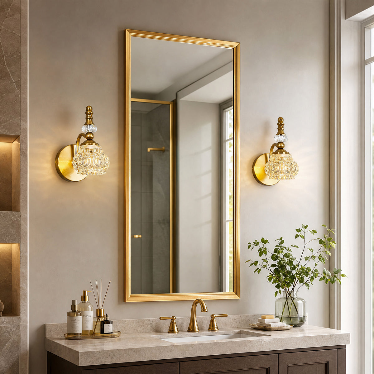 Vintage Embossed Textured Glass Curved Metal Arm Bathroom Vanity Light