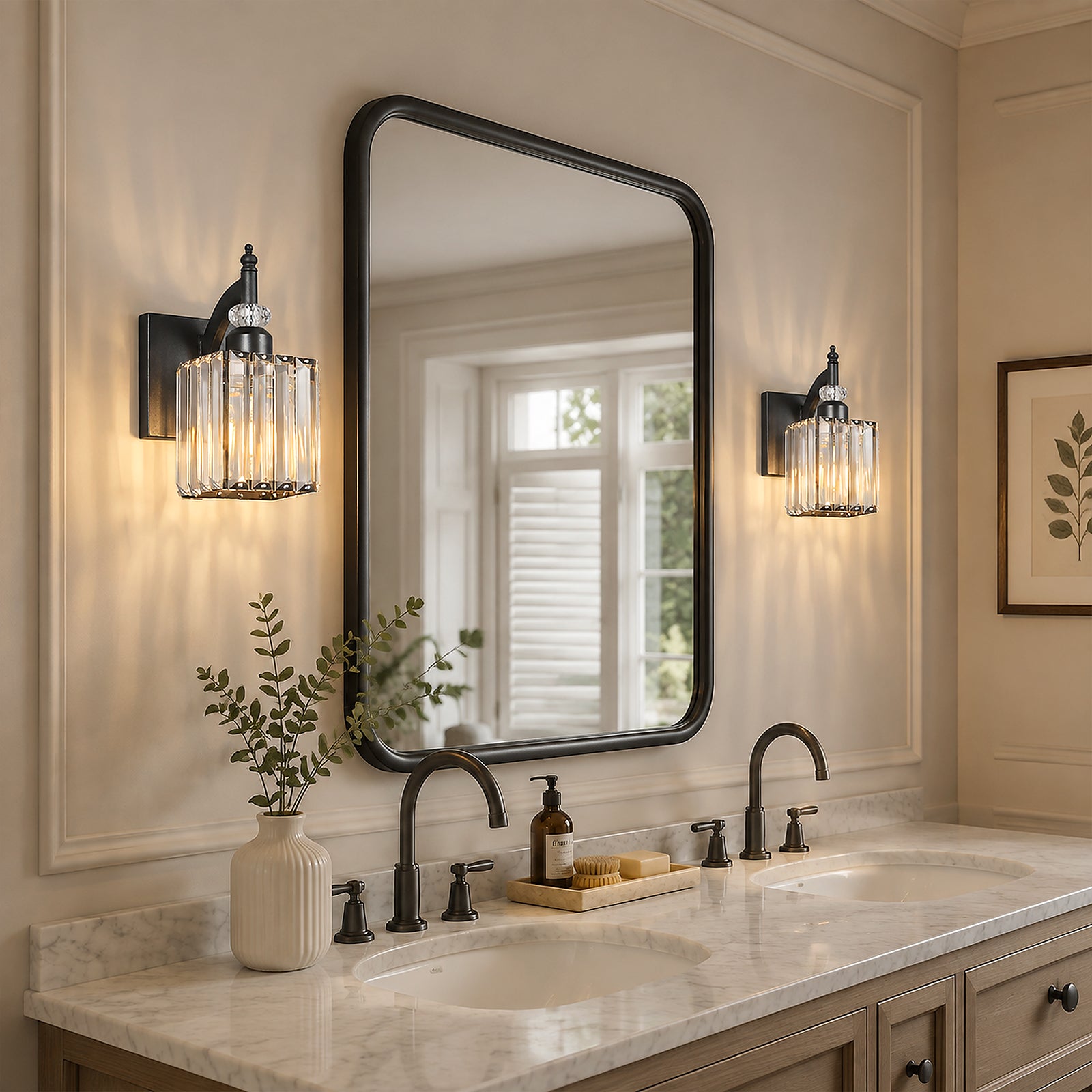 Transitional Luxury Square Prism Fluted Crystal Bathroom Vanity Light