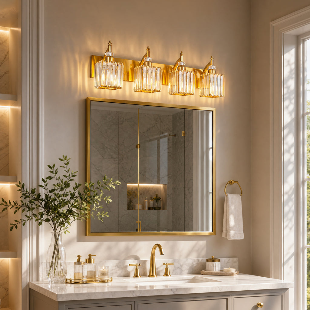 Transitional Luxury Square Prism Fluted Crystal Bathroom Vanity Light