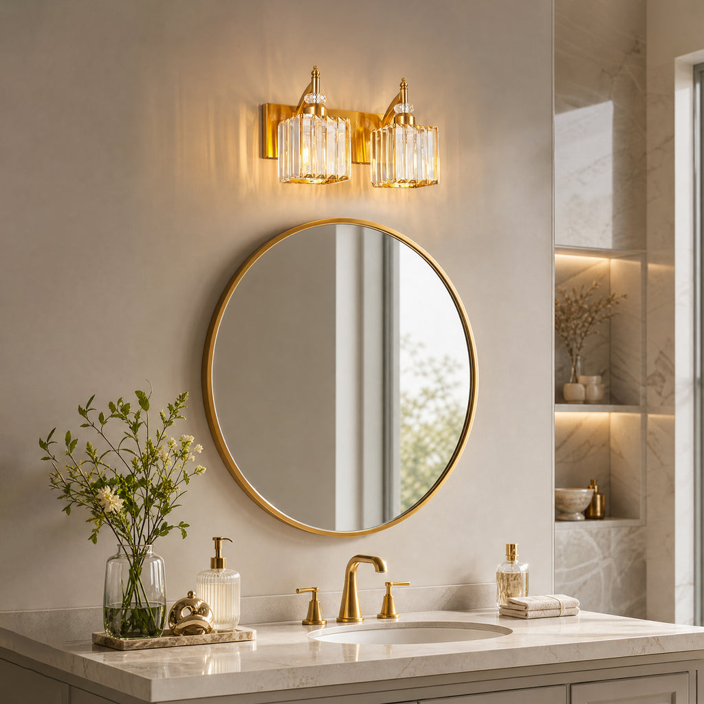 Transitional Luxury Square Prism Fluted Crystal Bathroom Vanity Light