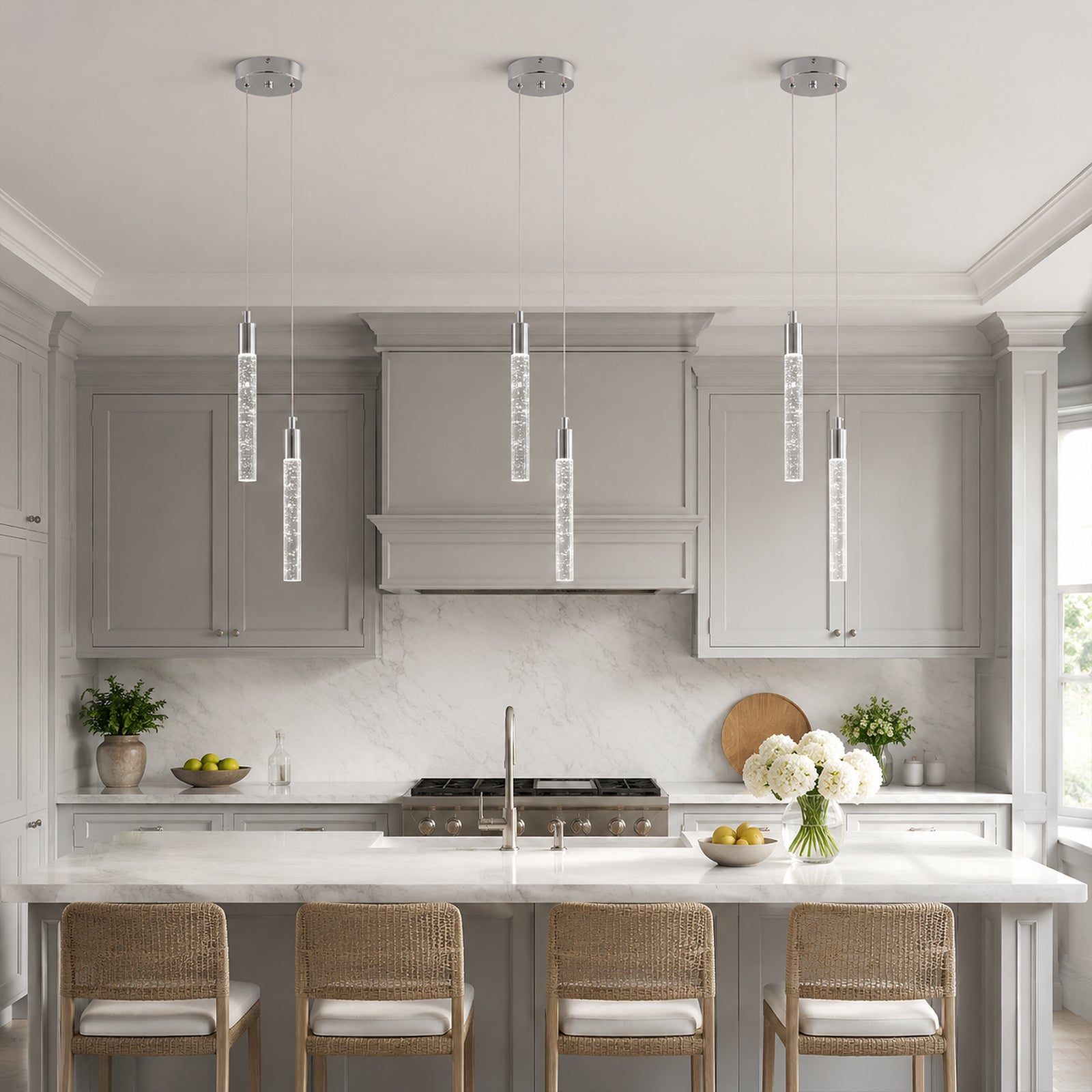 Modern Cylinder Bubble Linear Hanging Crystal LED Pendant Light