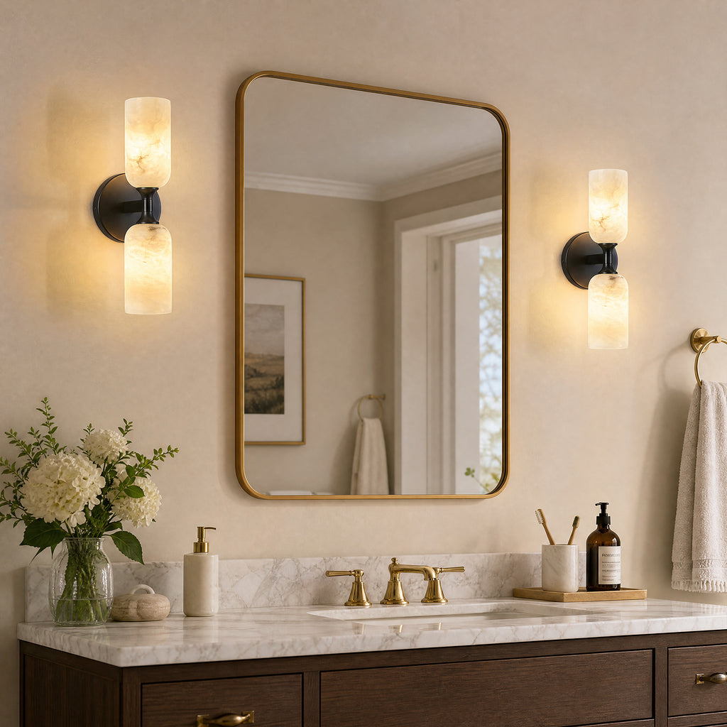 Modern Transitional Vertical Double Cylinder Natural Alabaster Wall Sconce
