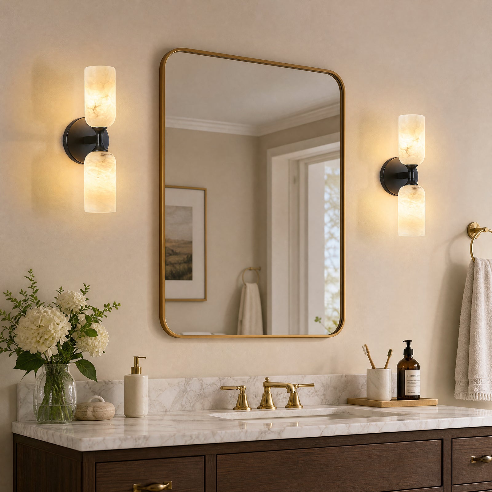 Modern Transitional Vertical Double Cylinder Natural Alabaster Wall Sconce