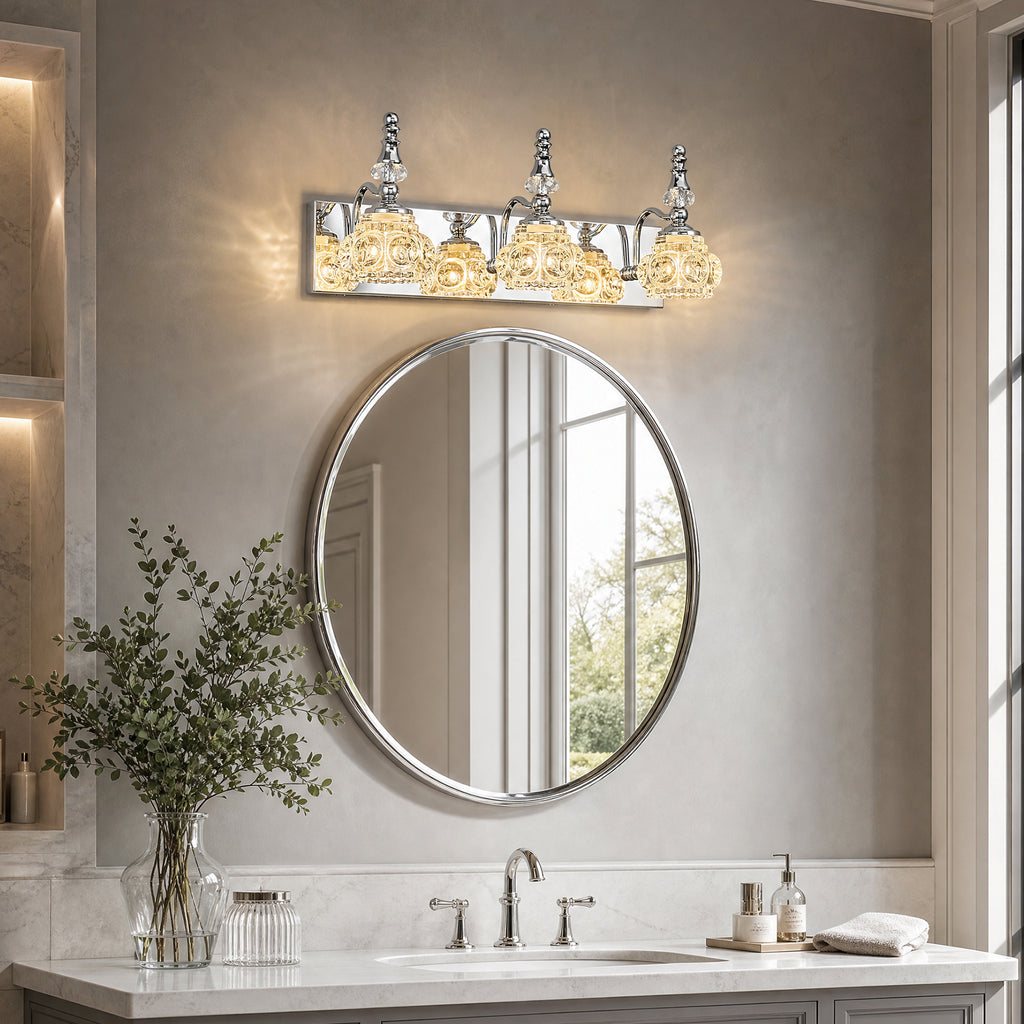 Vintage Embossed Textured Glass Curved Metal Arm Bathroom Vanity Light