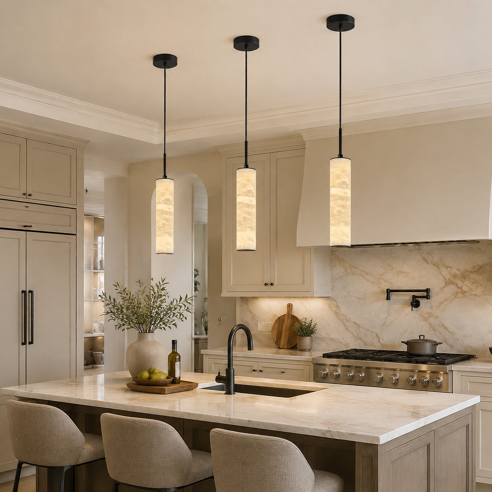Natural Alabaster Marble Long Tube LED Pendant Light