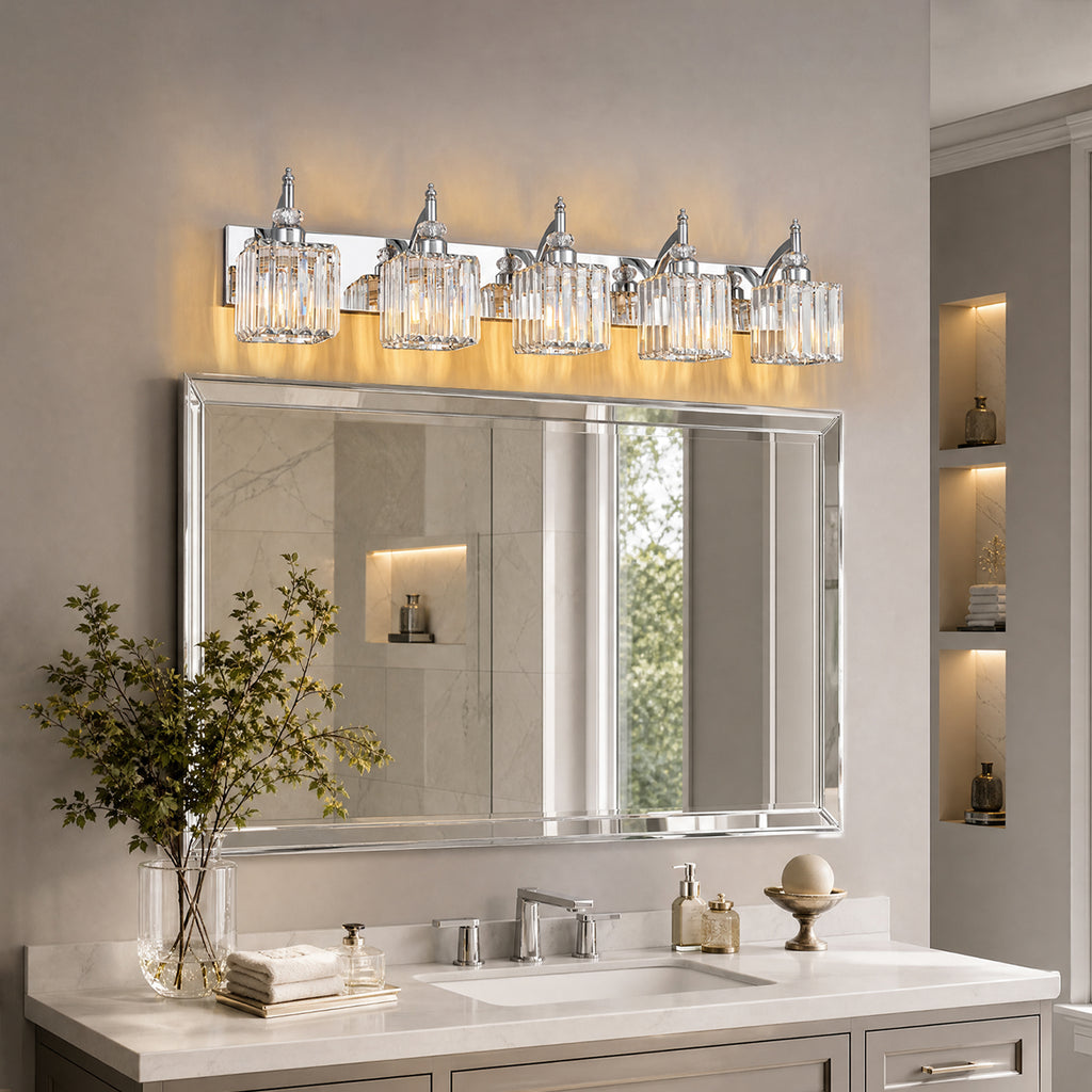 Transitional Luxury Square Prism Fluted Crystal Bathroom Vanity Light