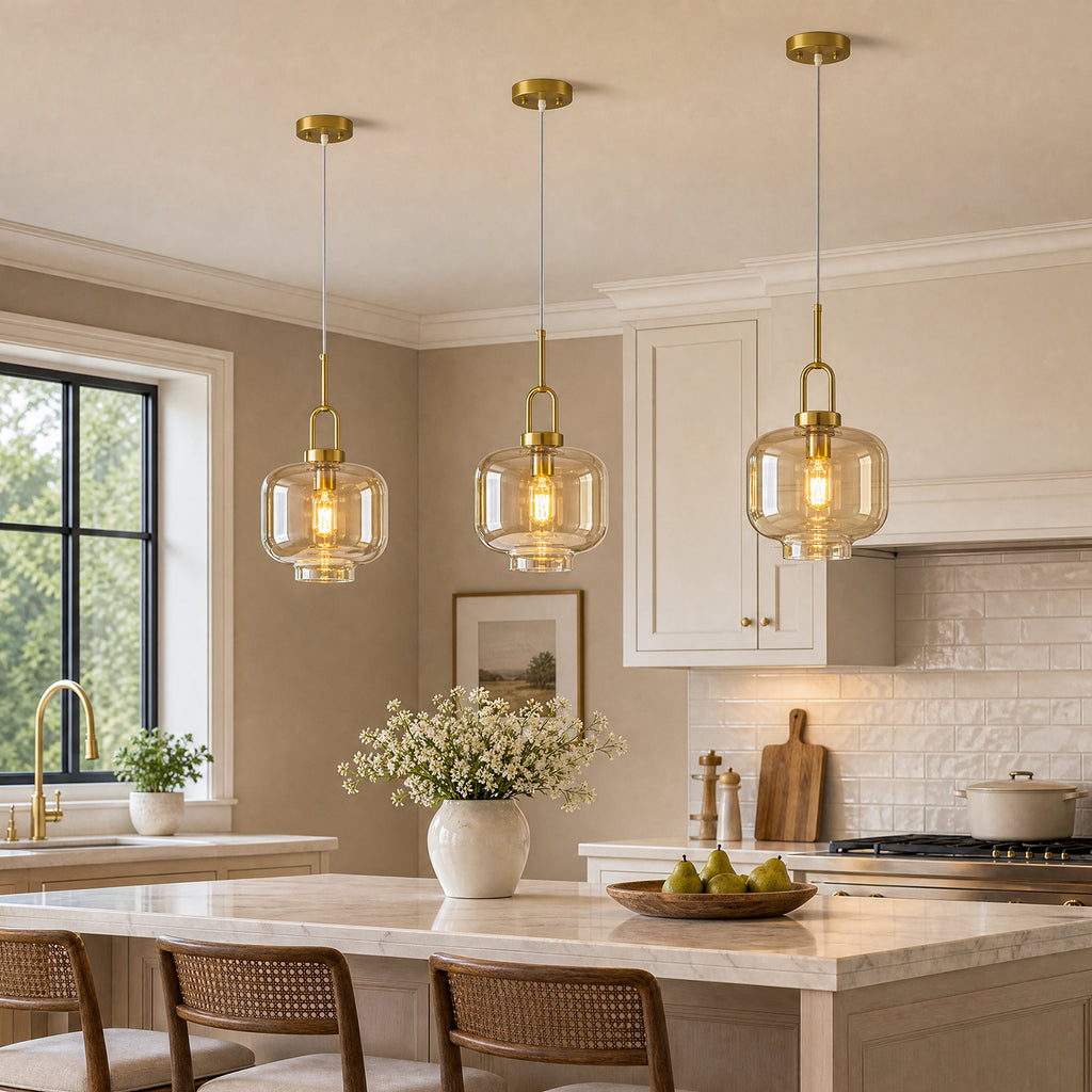 Minimalist Oval Shaped Glass Pendant Light with U-shaped Brass Handle