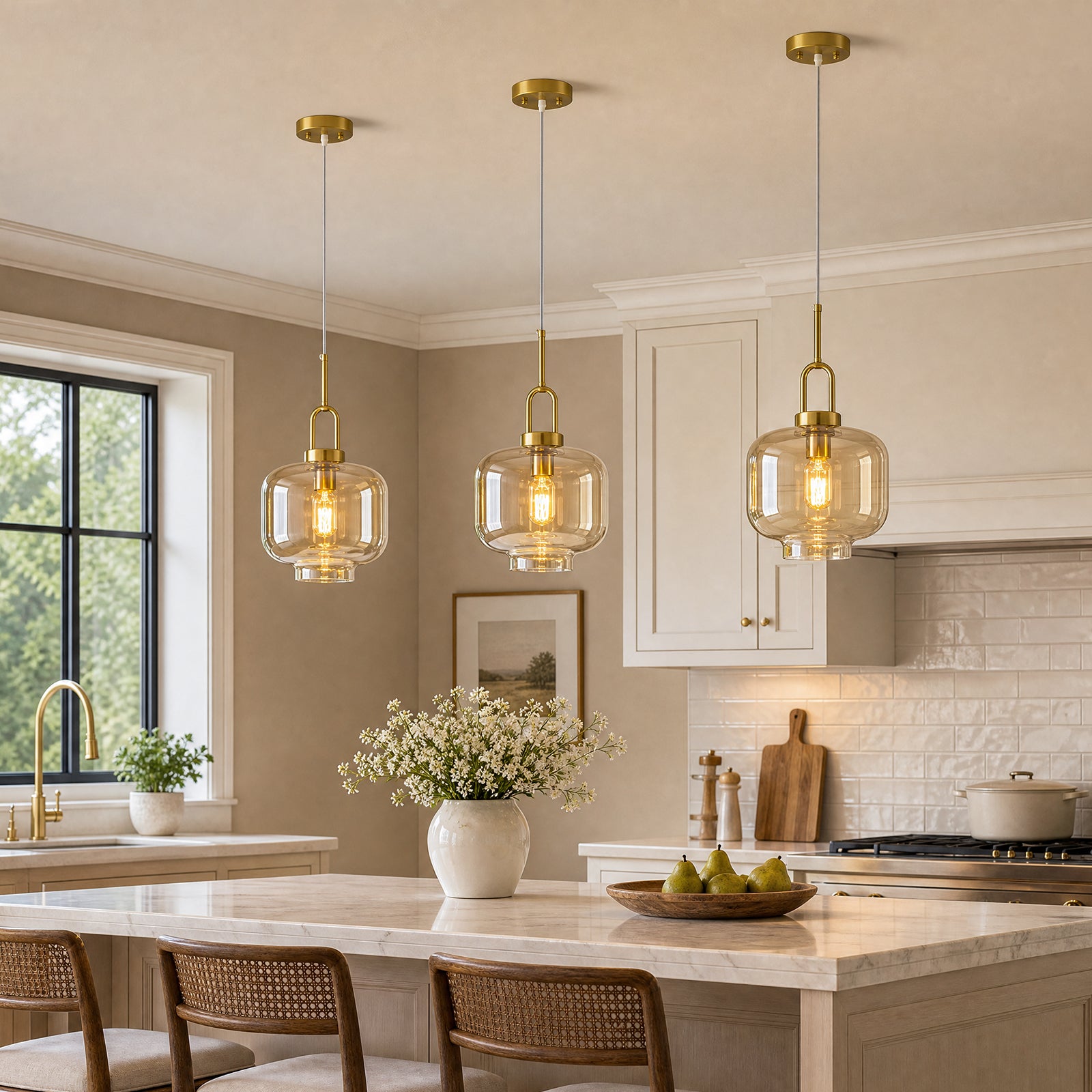 Minimalist Oval Shaped Glass Pendant Light with U-shaped Brass Handle