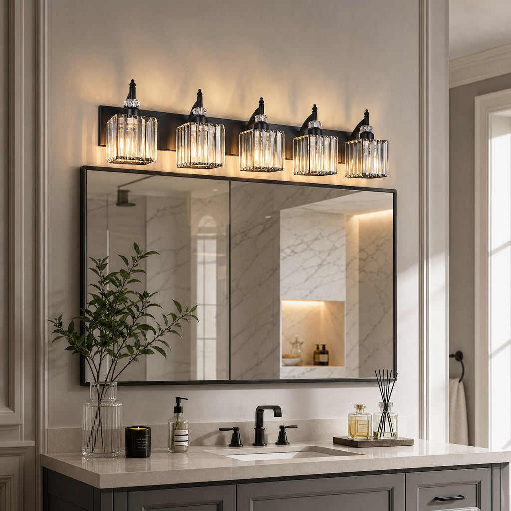 Transitional Luxury Square Prism Fluted Crystal Bathroom Vanity Light