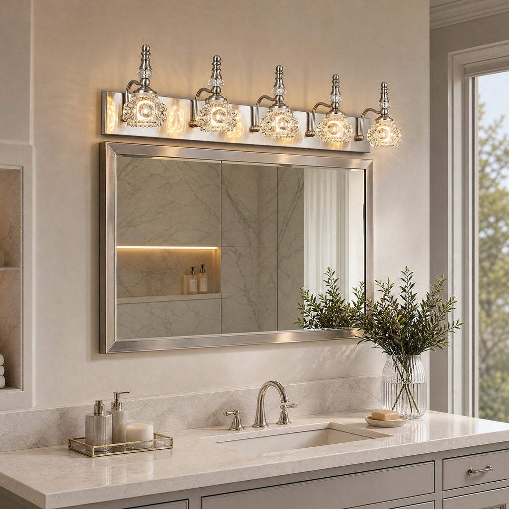 Vintage Embossed Textured Glass Curved Metal Arm Bathroom Vanity Light