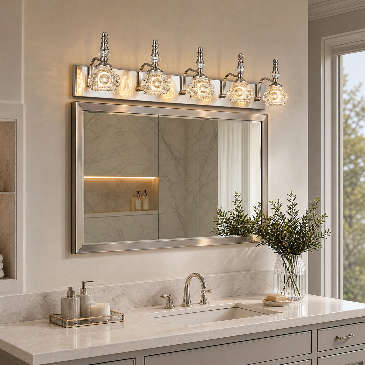 Vintage Embossed Textured Glass Curved Metal Arm Bathroom Vanity Light