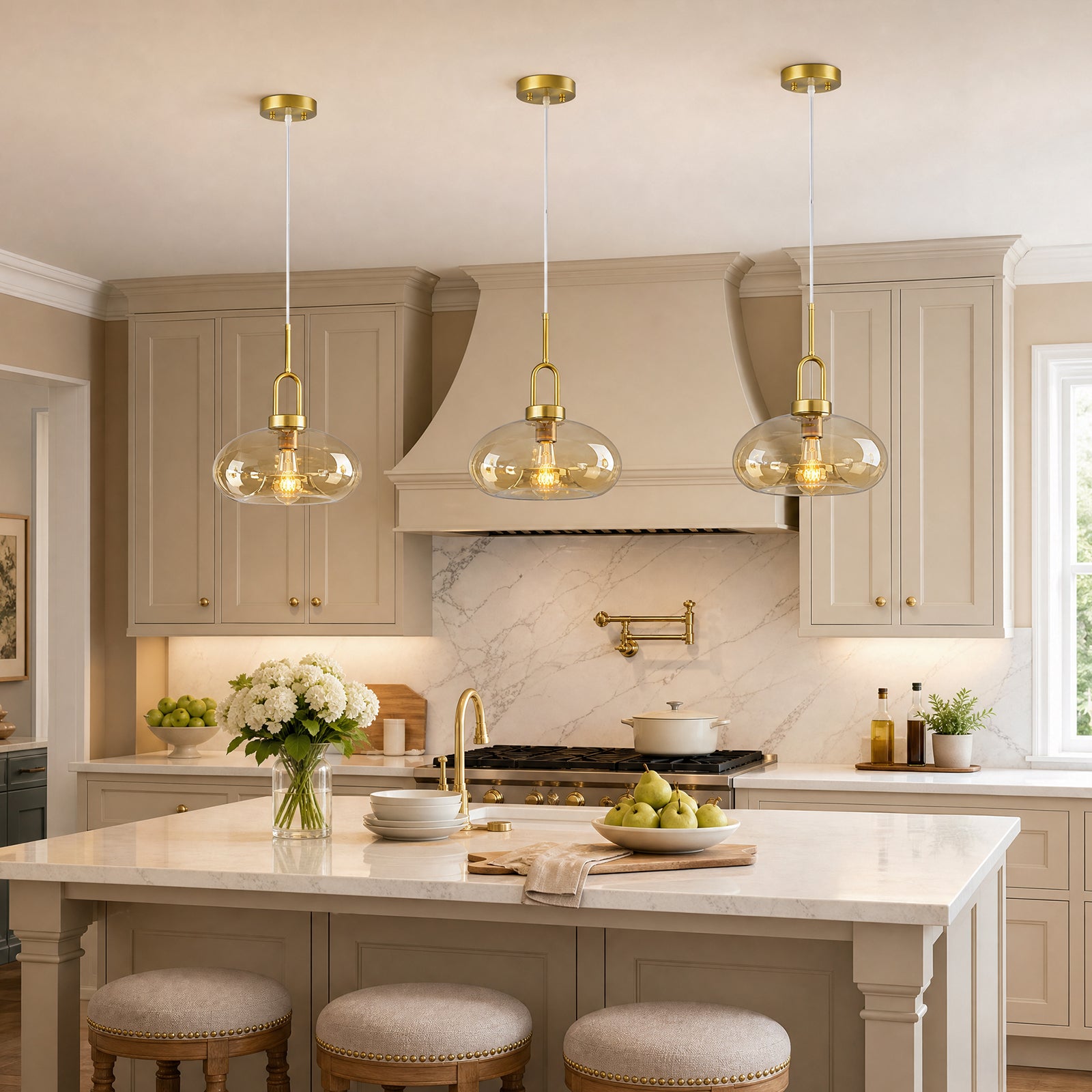 Minimalist Oval Shaped Glass Pendant Light with U-shaped Brass Handle