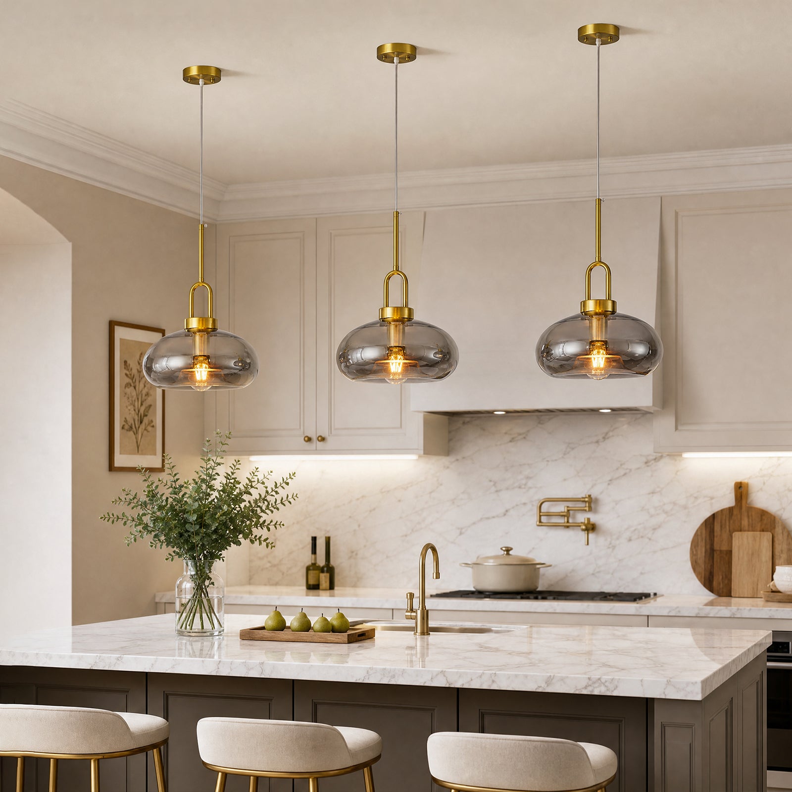 Minimalist Oval Shaped Glass Pendant Light with U-shaped Brass Handle