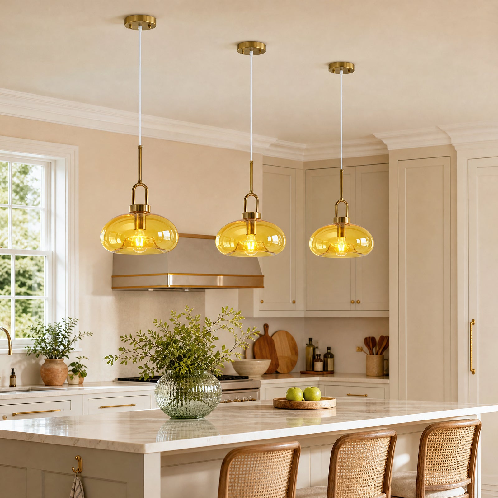 Minimalist Oval Shaped Glass Pendant Light with U-shaped Brass Handle