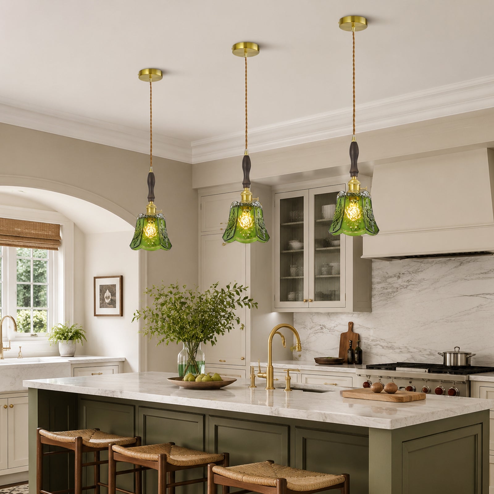 French Country Embossed Rose Floral Glass Pendant Light