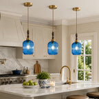 Retro Vertical Fluted Glass Hanging Pendant Light with Wood and Brass Details