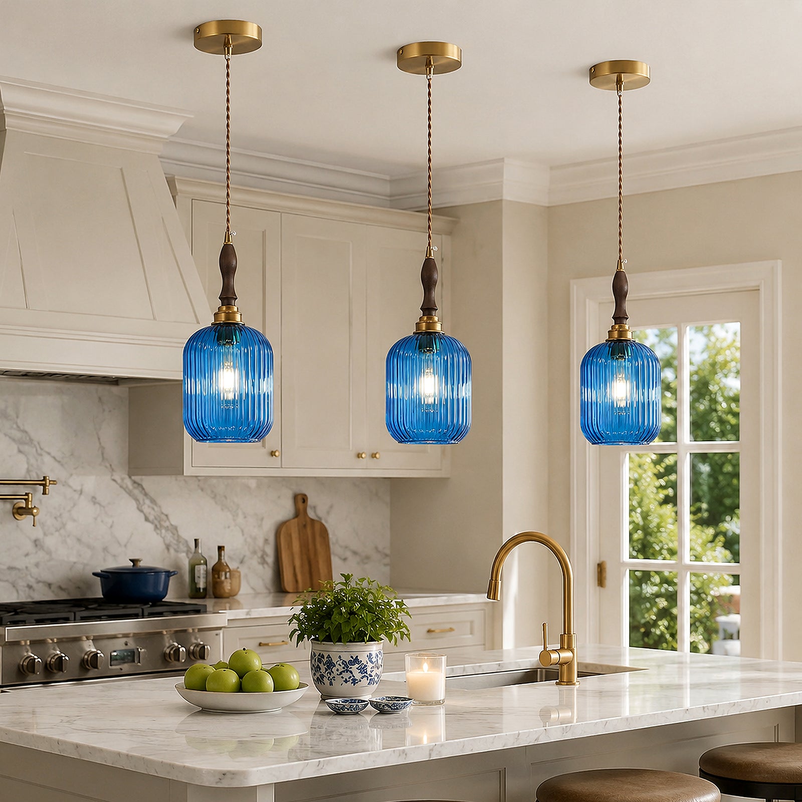 Retro Vertical Fluted Glass Hanging Pendant Light with Wood and Brass Details