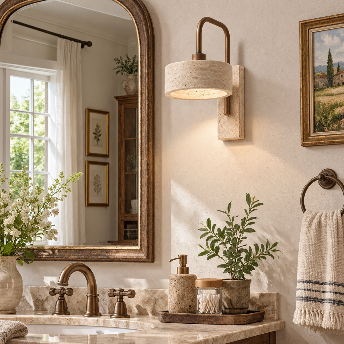 Modern Round Travertine Metal LED Wall Sconce