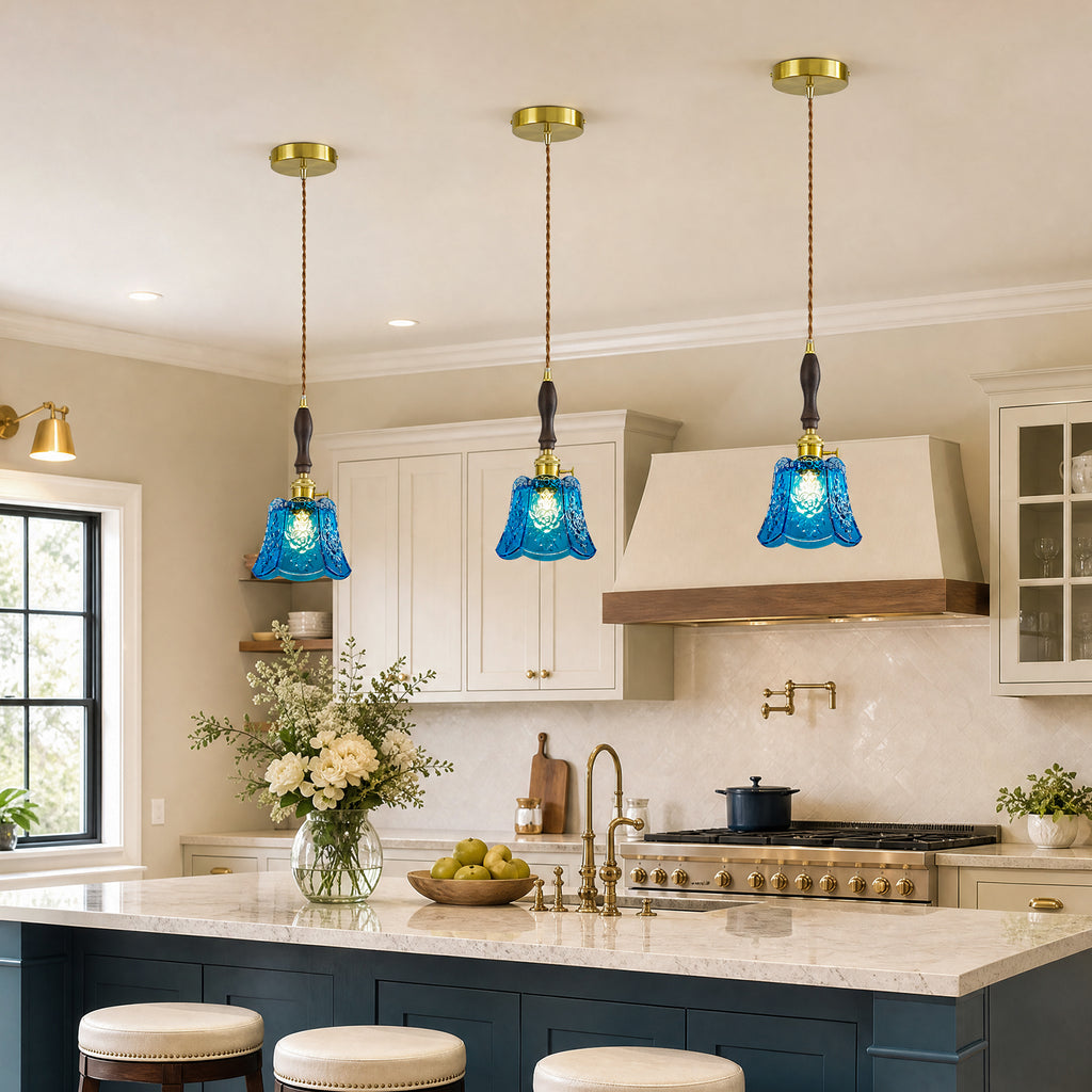 French Country Embossed Rose Floral Glass Pendant Light