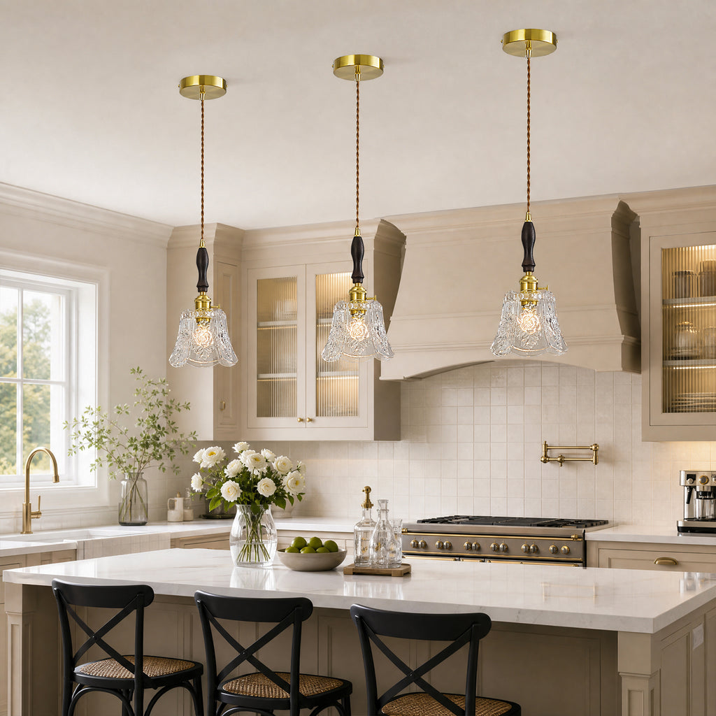 French Country Embossed Rose Floral Glass Pendant Light