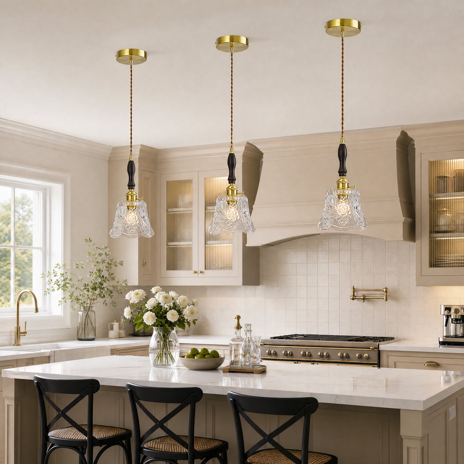 French Country Embossed Rose Floral Glass Pendant Light