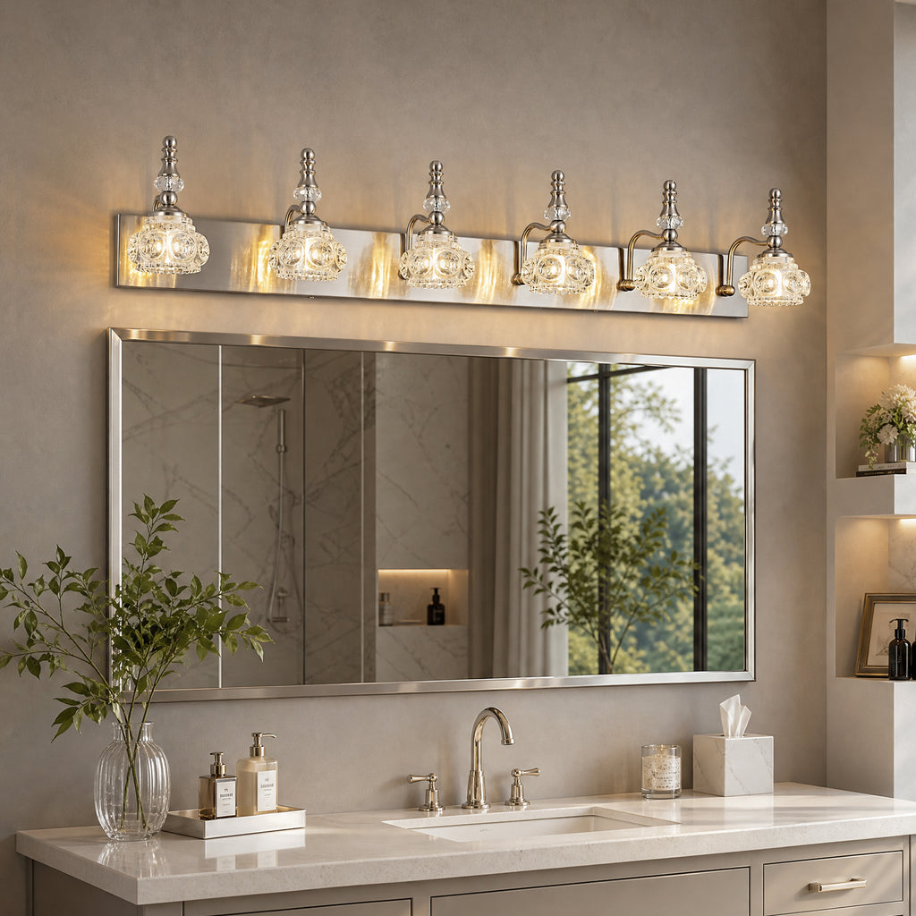 Vintage Embossed Textured Glass Curved Metal Arm Bathroom Vanity Light