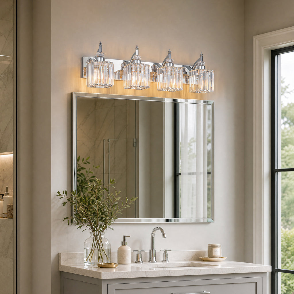 Transitional Luxury Square Prism Fluted Crystal Bathroom Vanity Light